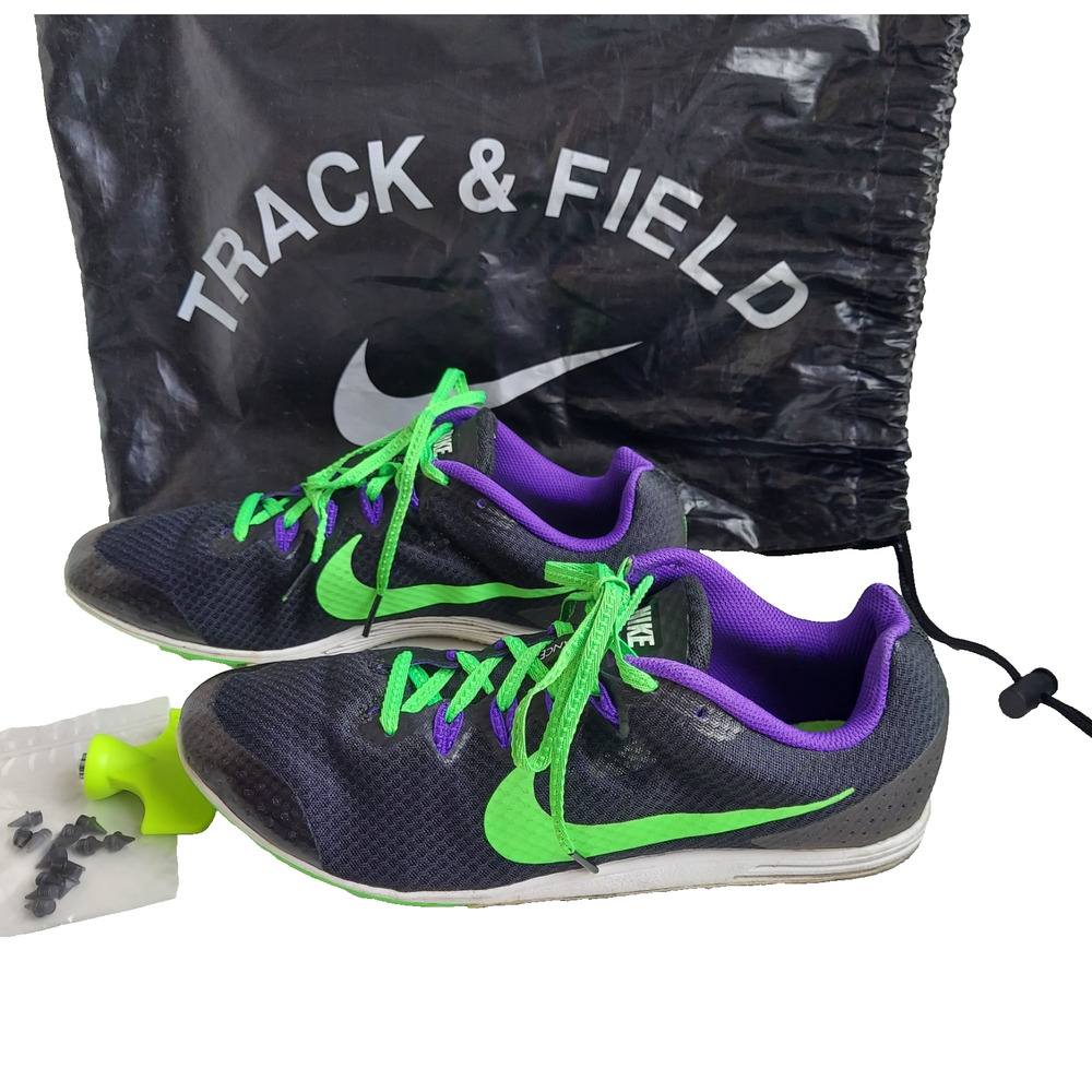 NIKE Men's Track Spikes 10.5 Black Green Purple Rival D Distance 806556 Extras